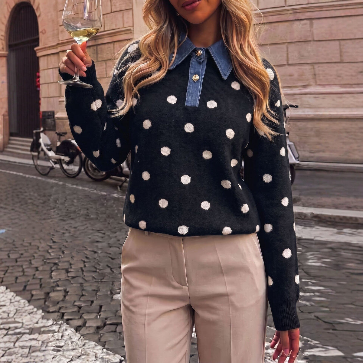 Women's Polka Dot Contrast Collar Knit Top