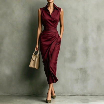 Women's Burgundy Sleeveless Wrap Shirt Midi Dress - Elegant Office & Evening Wear