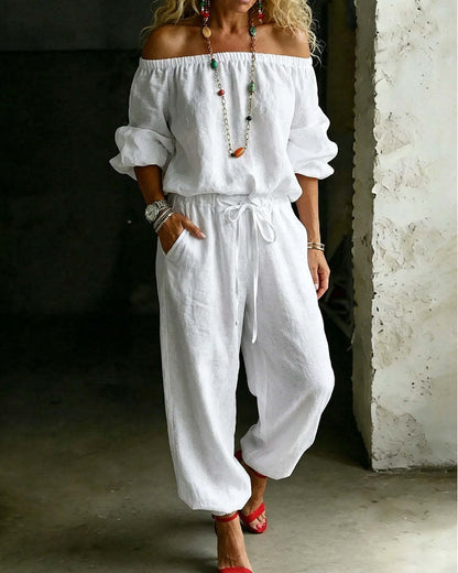 Sage Linen Off Shoulder Drawstring Waist Jogger Jumpsuit