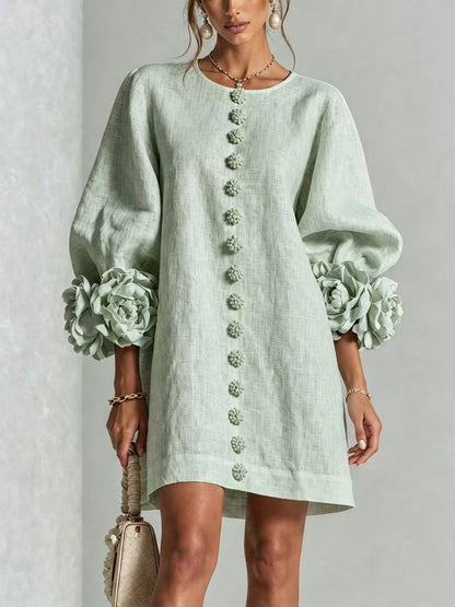 Blush Pink Fabric Floral Appliqué Balloon‑Sleeve Shift Mini Dress