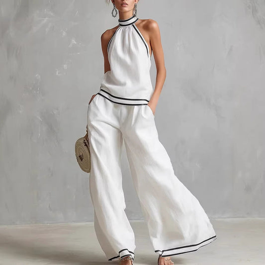 Halterneck Sleeveless Wide-Leg Pants Suit For Women