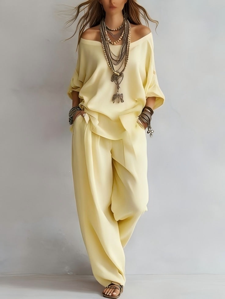 Women'S One-Shoulder Loose Top Wide-Leg Pants Cross-Border Two-Piece Set