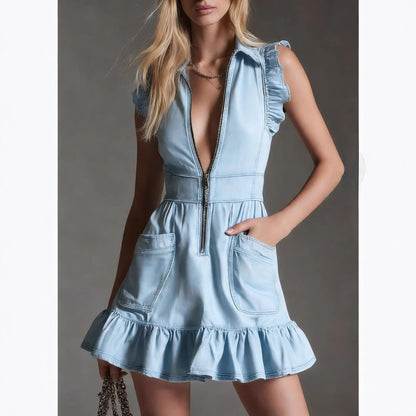 Denim Ruffle Sleeveless Zip Front Mini Dress