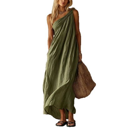 Dusty Pink One Shoulder Ruched Linen Maxi Dress