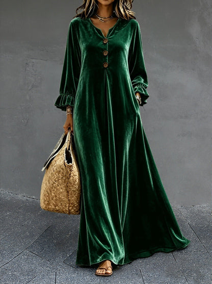 Women's V‑Neck Velvet Ruffle Cuff Maxi Dress