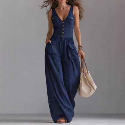 Solid Color Button Pocket Loose Casual Suspender Jumpsuit For Women