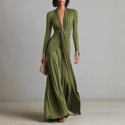Olive Green Deep V-neck Pleated Glamorous Maxi Dress