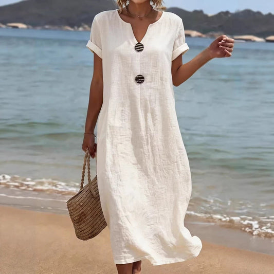Women's Linen‑Blend Notched Neck Button Detail Maxi Dress