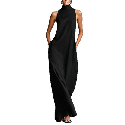 Sleeveless High Neck Linen Maxi Shift Dress