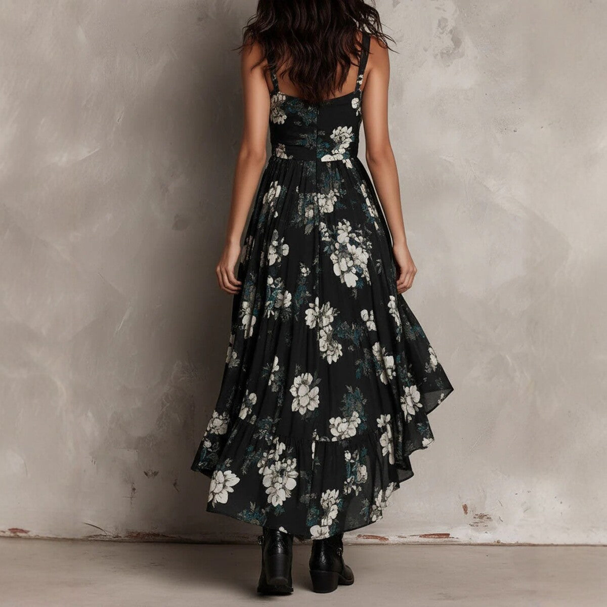 Black Floral High-Low Maxi Dress