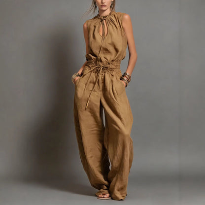 Beige Linen-Blend Smocked-Waist Jumpsuit