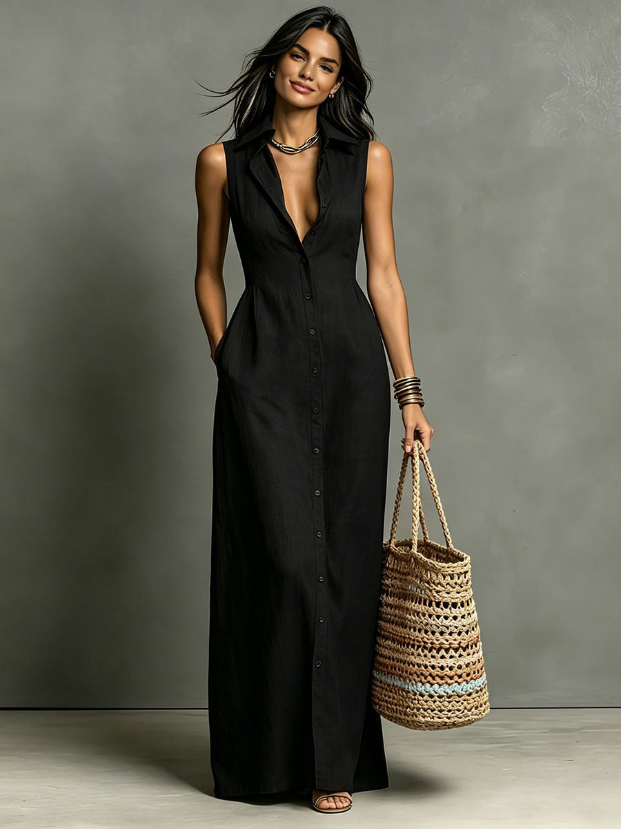 Women's Minimalist Linen-Blend Collared Single-Breasted Sleeveless Maxi Shirt Dress