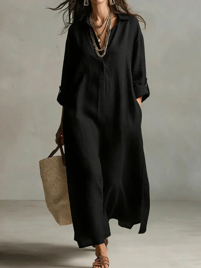 Lazy Style Solid Color Lapel Casual Long-Sleeved Shirt Dress