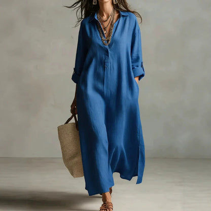 Lazy Style Solid Color Lapel Casual Long-Sleeved Shirt Dress