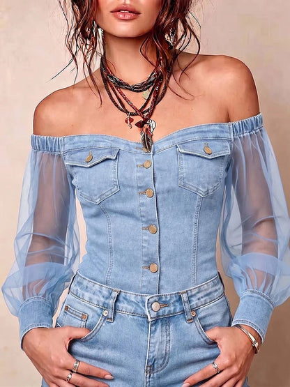 Off-Shoulder Denim Mesh Sleeve Top