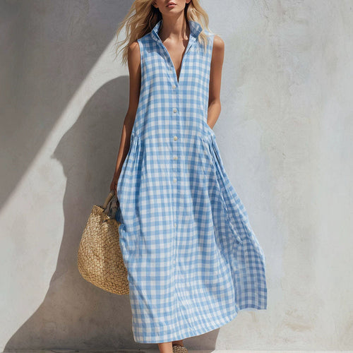 Women's Summer Resort Seaside Plaid Sleeveless Loose Long Dress