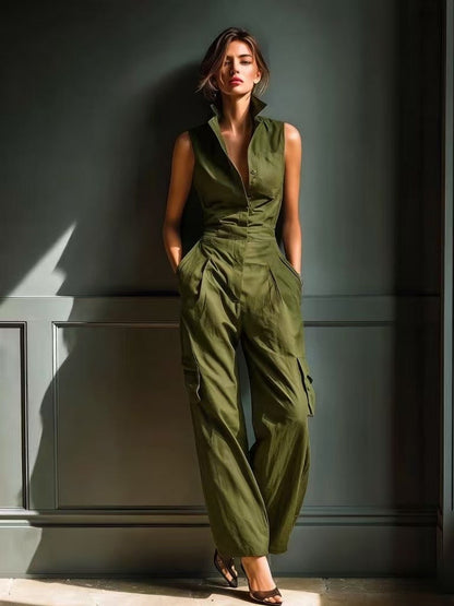 Sleeveless Collar Shirt Cargo Wide Leg Jumpsuit