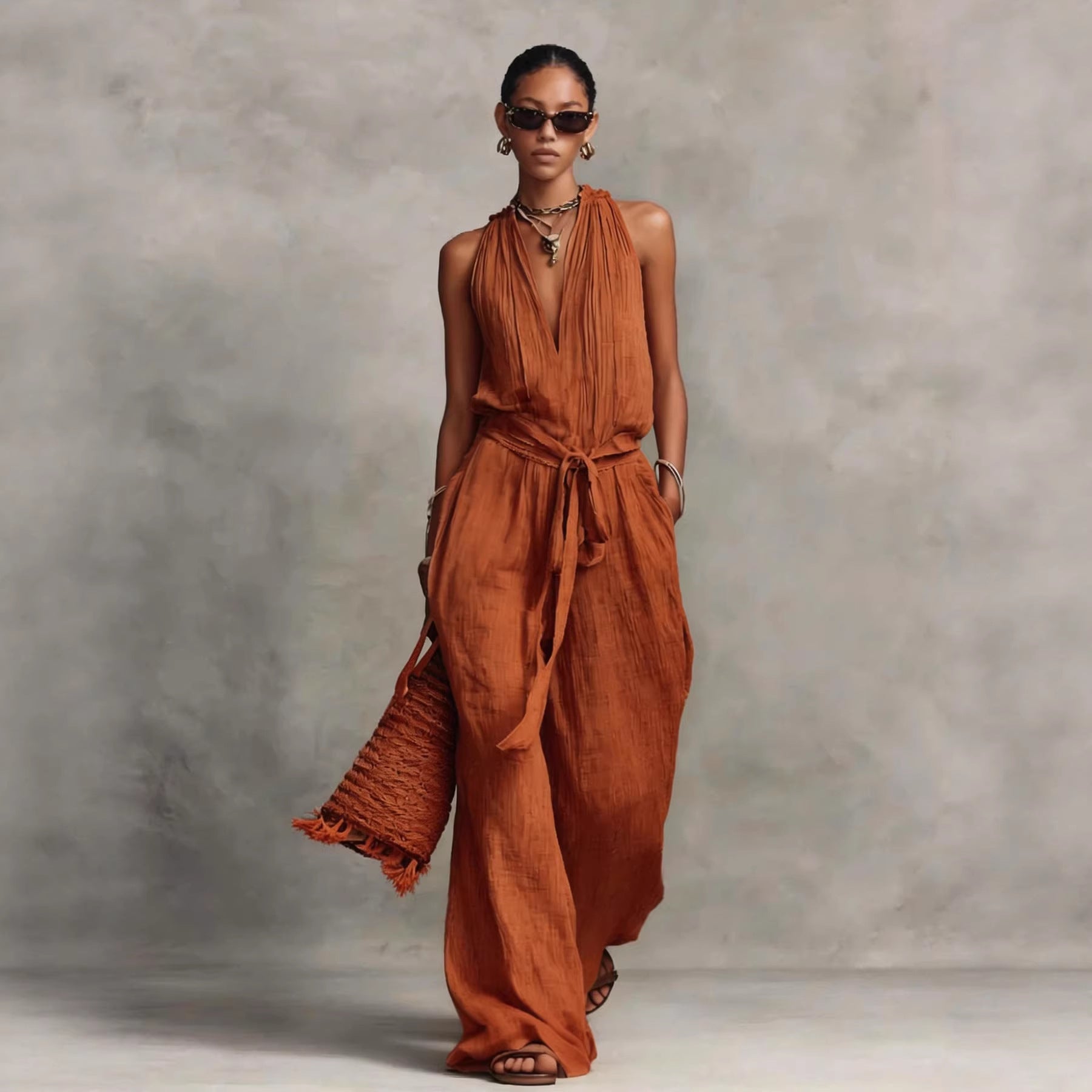 Casual Lace-Up Sleeveless Cotton Blend Jumpsuit