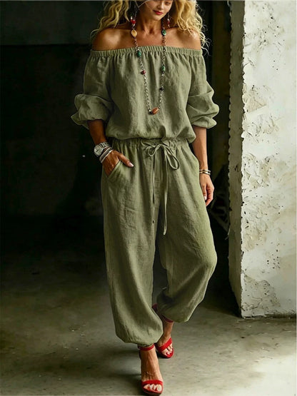 Sage Linen Off Shoulder Drawstring Waist Jogger Jumpsuit