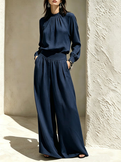 Women's Gathered High‑Neck Blouse & Pleated Wide‑Leg Pants Two‑Piece Set