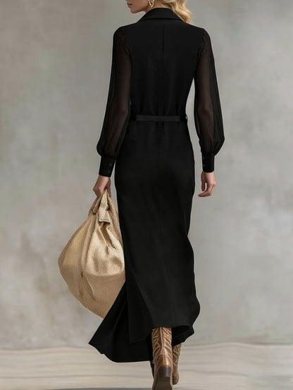 Sheer Sleeve Belted Maxi Shirt Dress