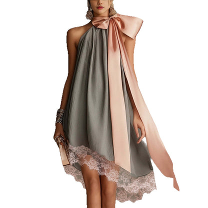 Grey Crinkle Halter Satin Big Bow Lace Hem Mini Dress