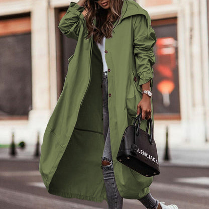 Oversized Hooded Long Trench Coat, Button Front Loose Fit Outerwear With Large Pockets And Adjustable Cuffs For Casual Daily Wear