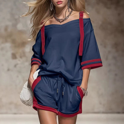 Retro Color-blocked Off-shoulder Short-sleeved T-shirt And Shorts Set