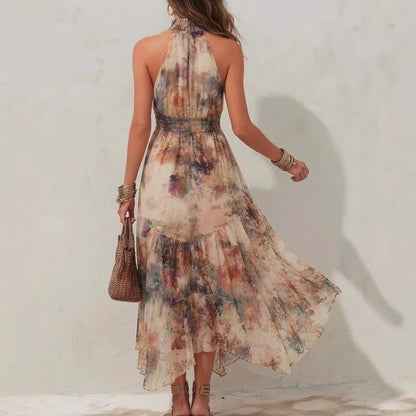 Sleeveless Vintage Watercolor Print Ruffled Flowy Vacation Dress