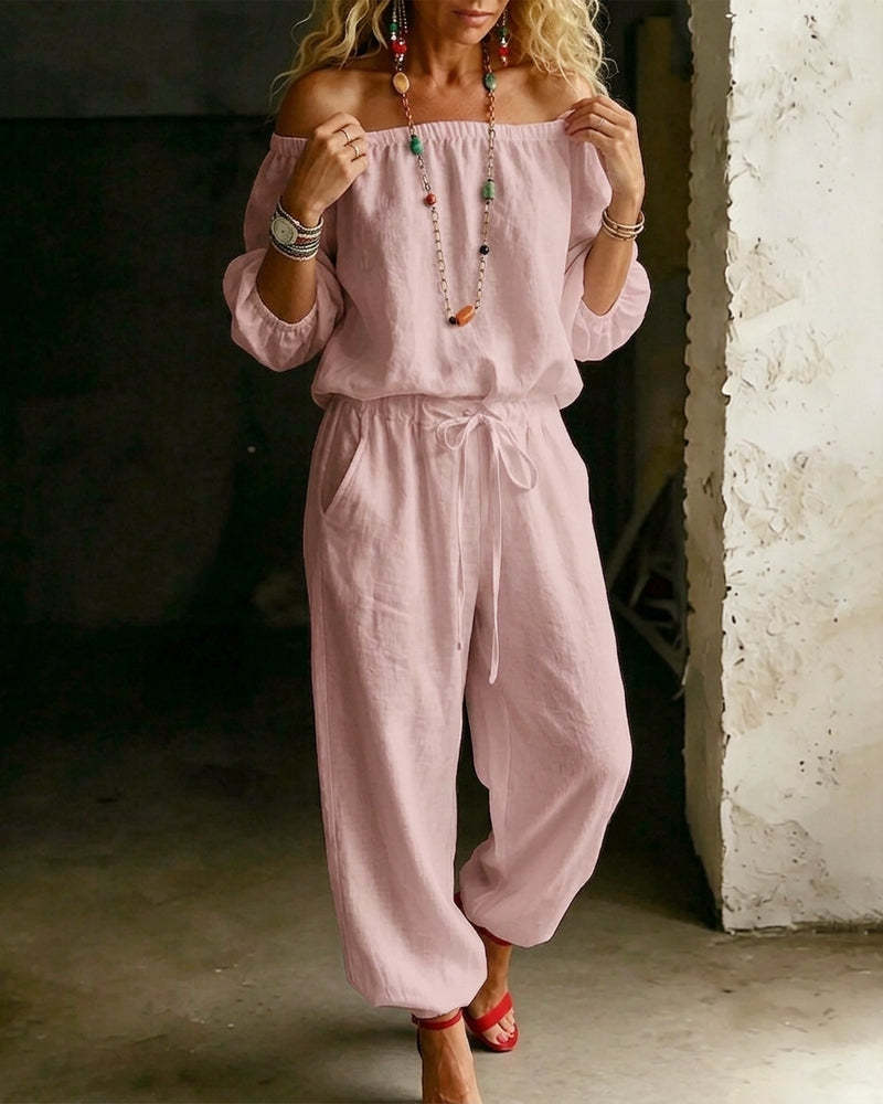 Sage Linen Off Shoulder Drawstring Waist Jogger Jumpsuit