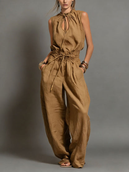 Beige Linen-Blend Smocked-Waist Jumpsuit