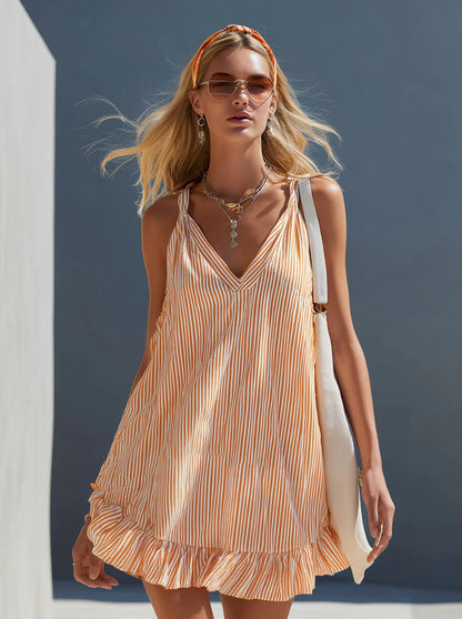 Orange White Vertical Stripe Spaghetti Strap Ruffle Hem Mini Dress