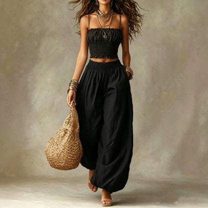 Spaghetti Strap Crop Top Baggy Harem Pants Boho Resort Wear Set