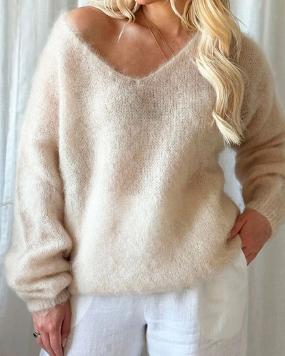 Oversized V‑Neck Drop Shoulder Fuzzy Knit Long Sleeve Loose Fit Pullover Sweater