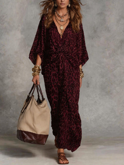 Women's Leopard Print Knot-Front Maxi Kaftan Dress - Flowy V-Neck Chiffon Cover-Up