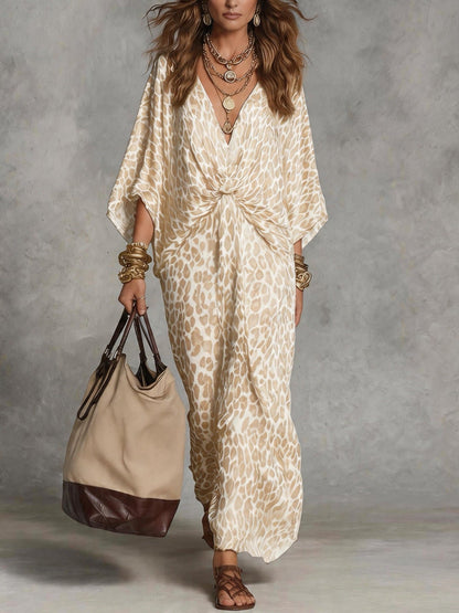 Women's Leopard Print Knot-Front Maxi Kaftan Dress - Flowy V-Neck Chiffon Cover-Up