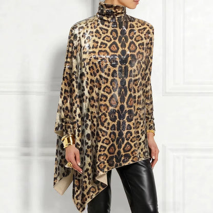 Leopard Sequin Turtleneck Asymmetric Draped Long Sleeve Loose Blouse Top