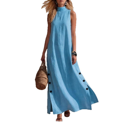 Casual Solid Color Cotton And Linen Sleeveless Side Slit Maxi Dress