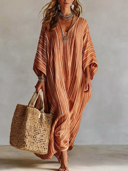 Women's Light Striped Linen-Blend Kaftan Maxi Dress - Oversized V-Neck Beach Cover-Up