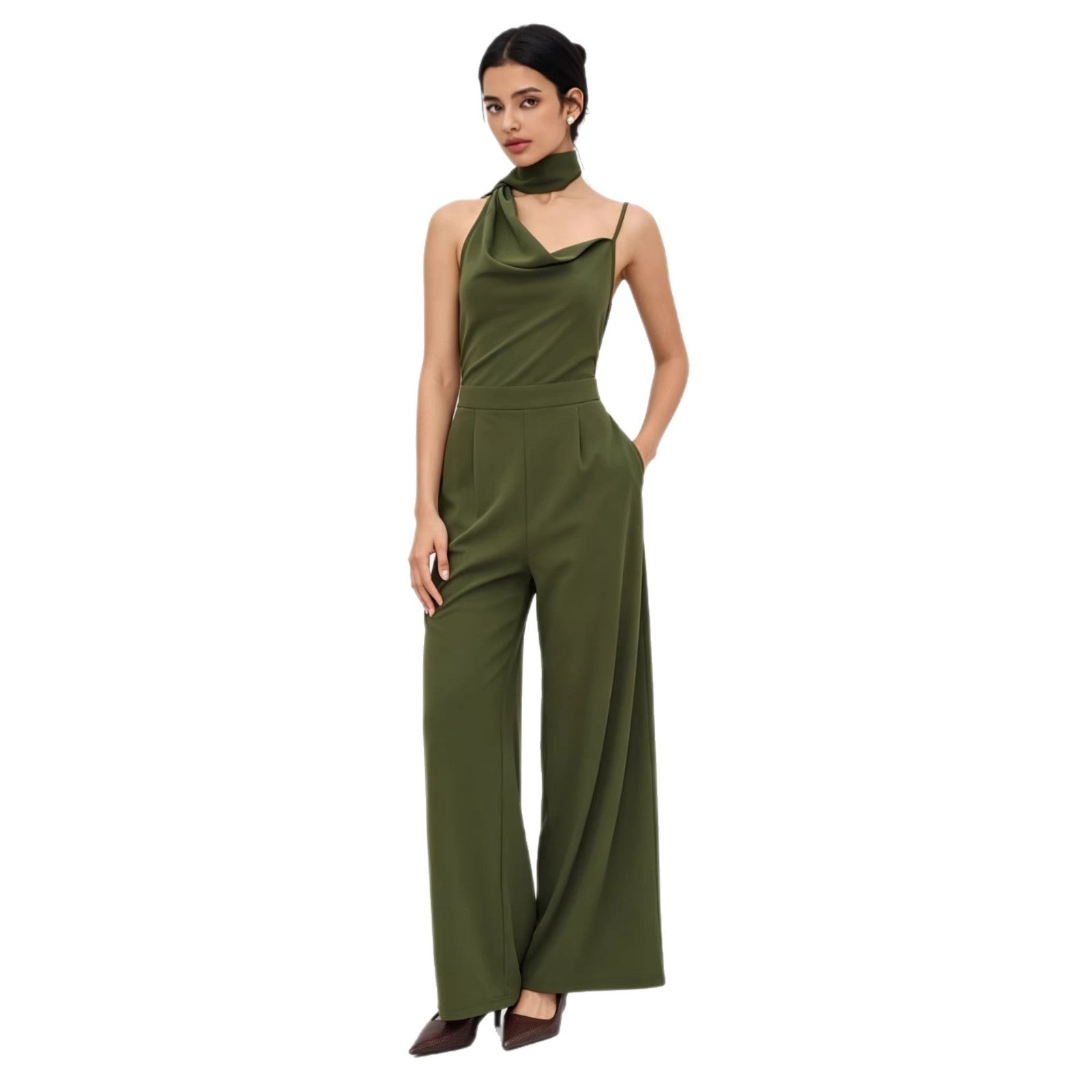 Elegant Olive Green Halter Wide-Leg Jumpsuit