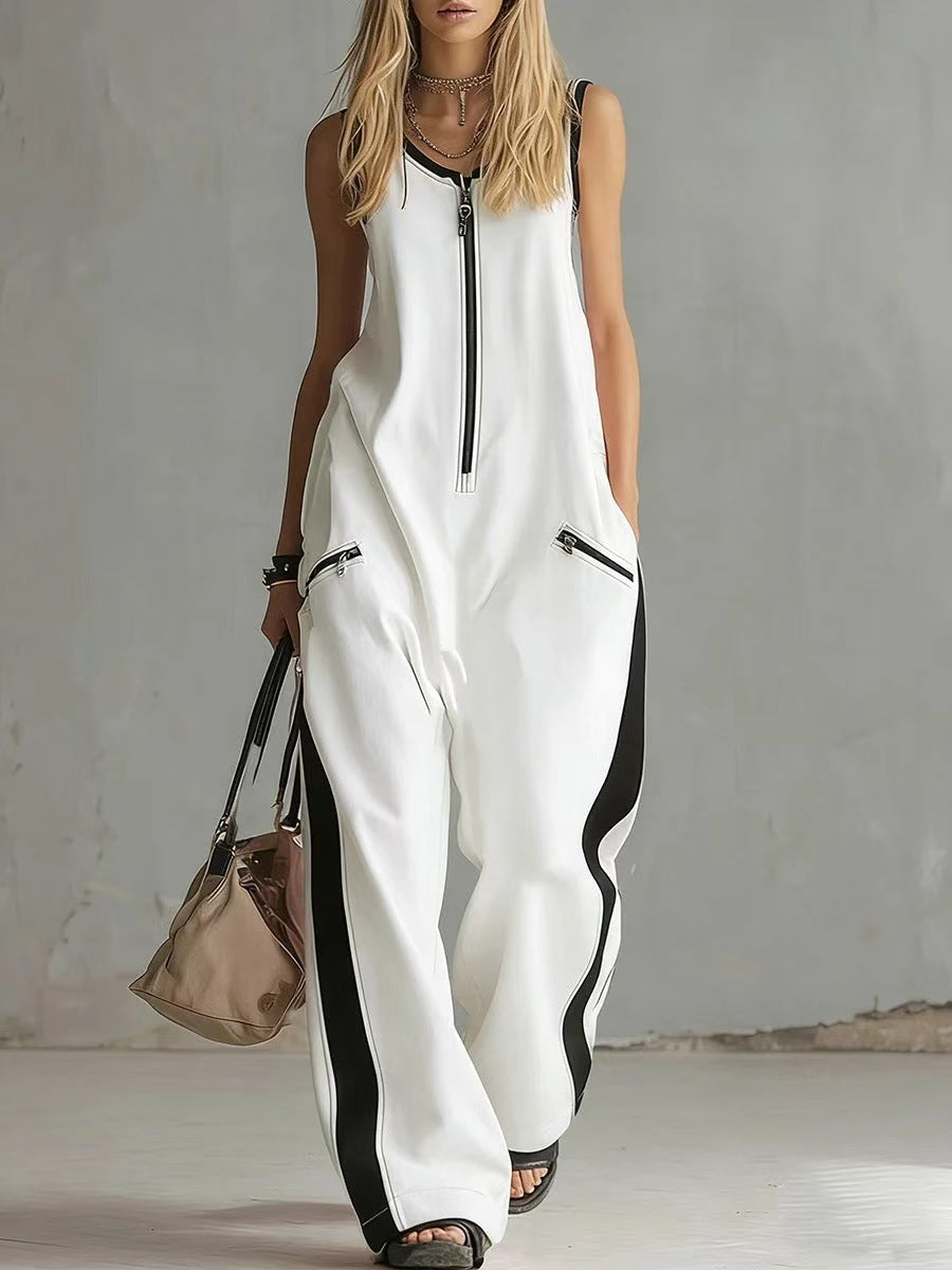 Women's Contrast Color Sleeveless Jumpsuit - Sporty Wide Leg with Zipper Detail (S-2XL)