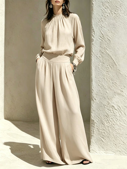 Women's Gathered High‑Neck Blouse & Pleated Wide‑Leg Pants Two‑Piece Set