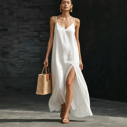 Spaghetti Strap V-Neck High Side Slit Loose Shift Vacation Dress