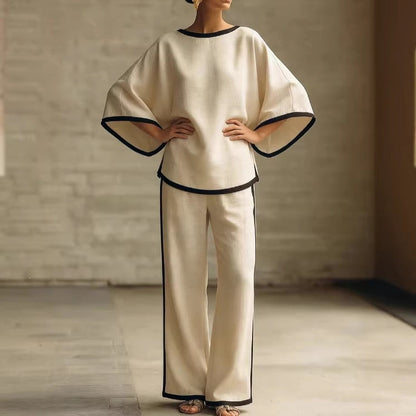 Women'S Elegant Round Neck Loose Bat Sleeves Cotton And Linen Two-Piece Set