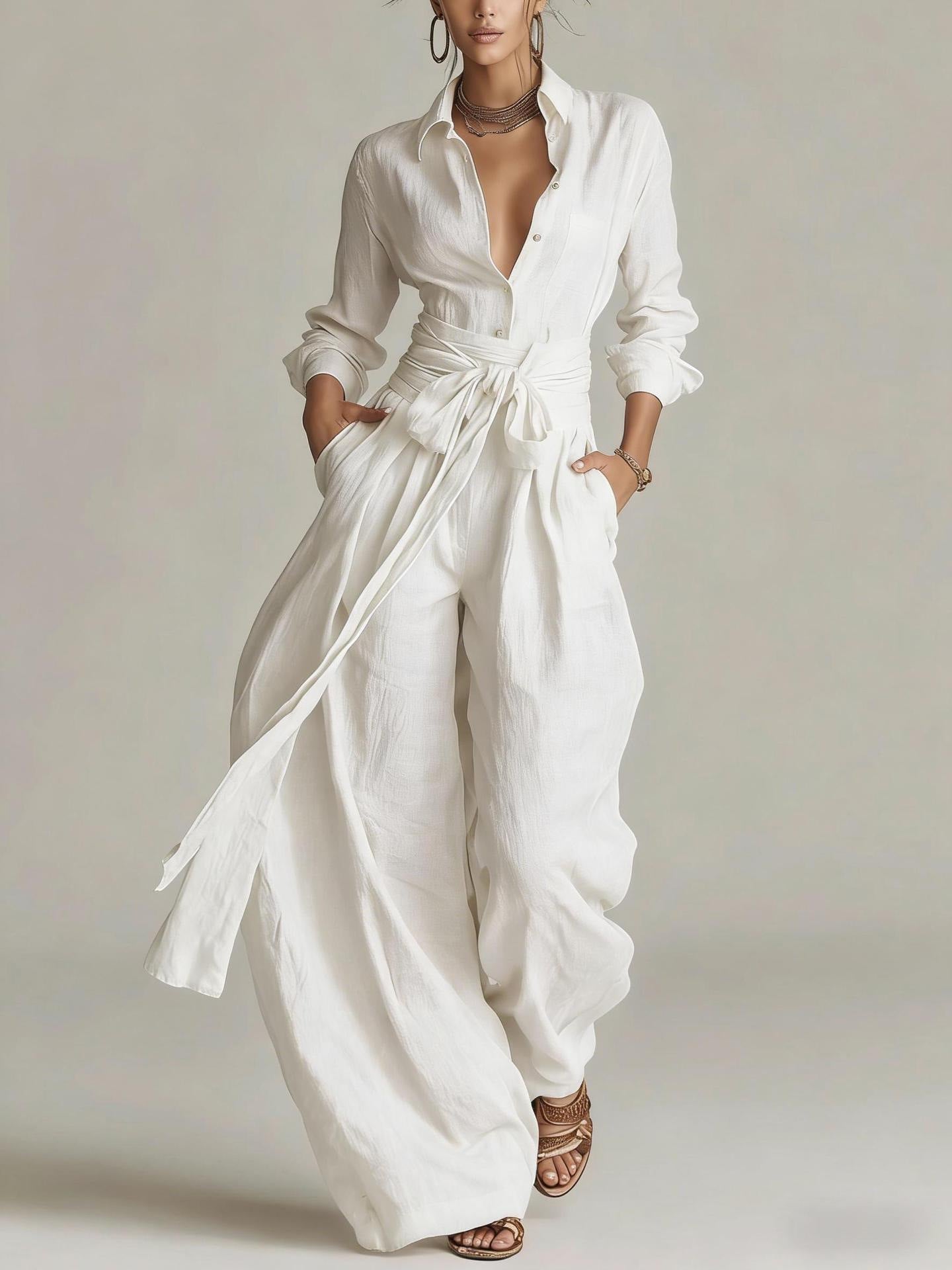 Women's Shirt‑Style Self‑Tie Belt Wide‑Leg Jumpsuit