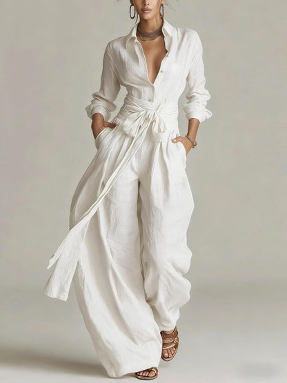 Women's Shirt‑Style Self‑Tie Belt Wide‑Leg Jumpsuit