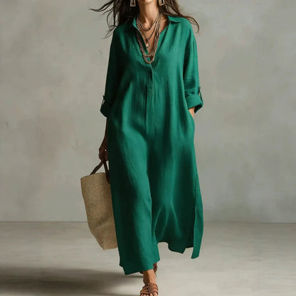 Lazy Style Solid Color Lapel Casual Long-Sleeved Shirt Dress
