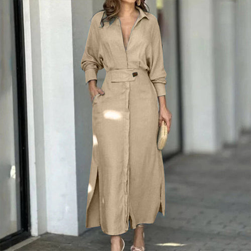 Collared Waist‑Tab Shirt Maxi Dress