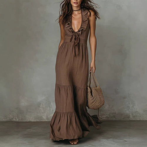 Loose Casual Deep V Ruffled Sleeveless Long Skirt Dress