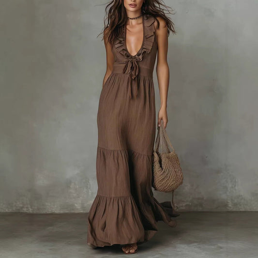 Loose Casual Deep V Ruffled Sleeveless Long Skirt Dress